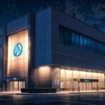 Edificio moderno iluminado por la noche con un logo digital proyectado sobre la fachada