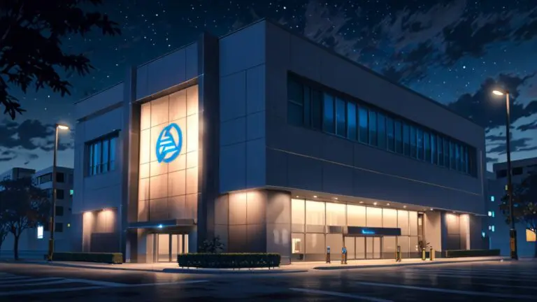 Edificio moderno iluminado por la noche con un logo digital proyectado sobre la fachada