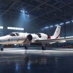 Aeronave moderna de JetSMART en un hangar, iluminada con luces de tecnología avanzada.