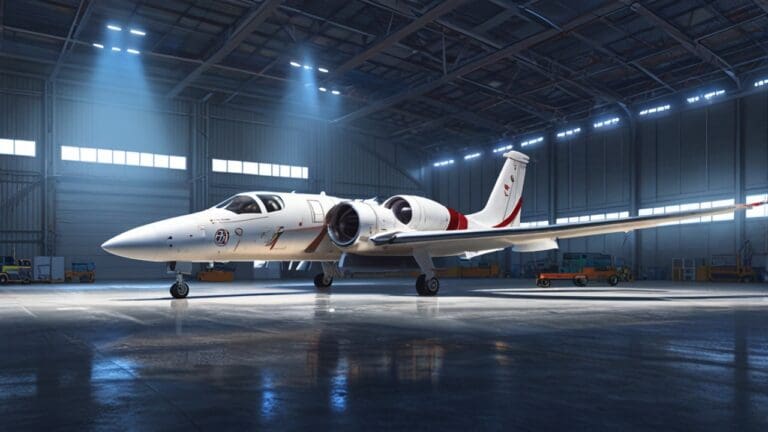 Aeronave moderna de JetSMART en un hangar, iluminada con luces de tecnología avanzada.