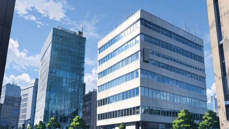 Vista moderna de un edificio corporativo de tecnología en un entorno urbano contemporáneo