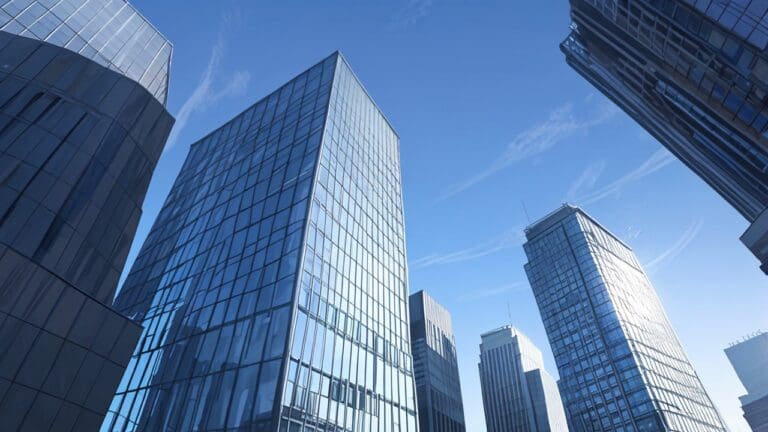 Edificios modernos de una ciudad tecnológica al amanecer con cielo despejado