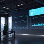 Paisaje moderno de oficina de startups tecnológicas con pantalla de proyecciones de datos