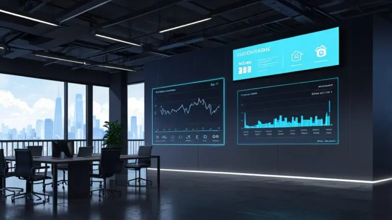 Paisaje moderno de oficina de startups tecnológicas con pantalla de proyecciones de datos