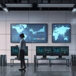 Oficina moderna y tecnológica con pantallas de datos en un entorno corporativo