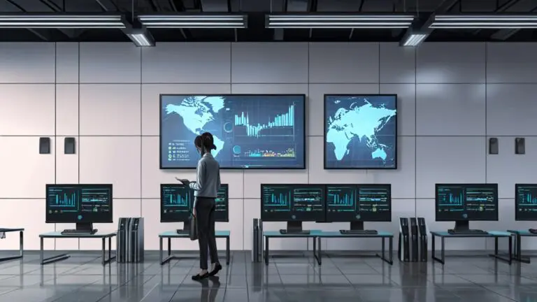 Oficina moderna y tecnológica con pantallas de datos en un entorno corporativo