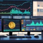 Oficina moderna con computadoras y gráficos digitales sobre finanzas y criptomonedas en pantallas.