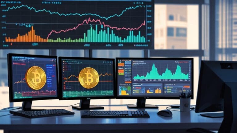 Oficina moderna con computadoras y gráficos digitales sobre finanzas y criptomonedas en pantallas.