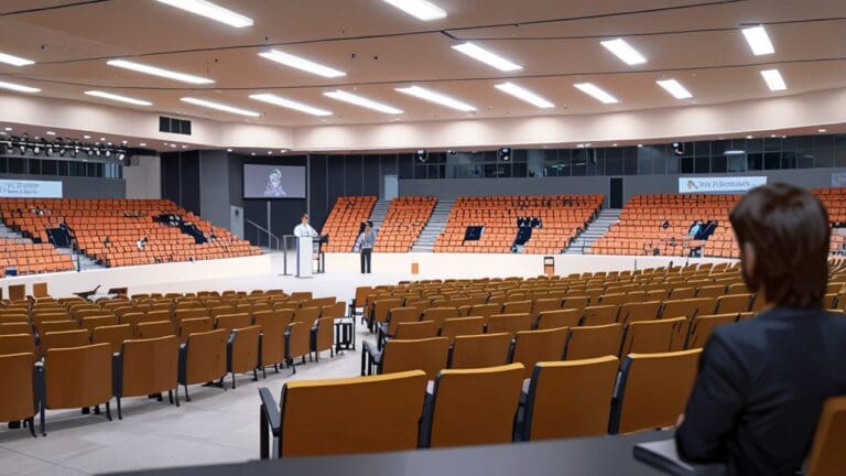 Vista panorámica del centro de conferencias de Córdoba con asistentes conversando en un entorno moderno y tecnológico.
