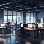 Oficinas modernas de tecnología con empleados trabajando en escritorios en un ambiente iluminado