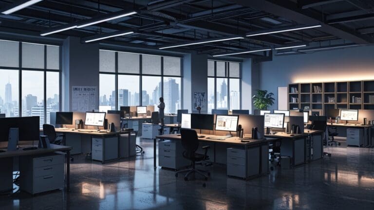 Oficinas modernas de tecnología con empleados trabajando en escritorios en un ambiente iluminado