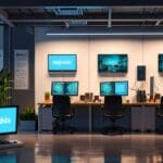 Oficinas modernas de una startup tecnológica con dispositivos y pantallas digitales en Brasil