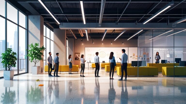 Oficinas modernas de una startup tecnológica con un enfoque innovador en IA.