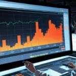 Oficina moderna de tecnología con un enfoque en un monitor mostrando datos y gráficos de inversión.