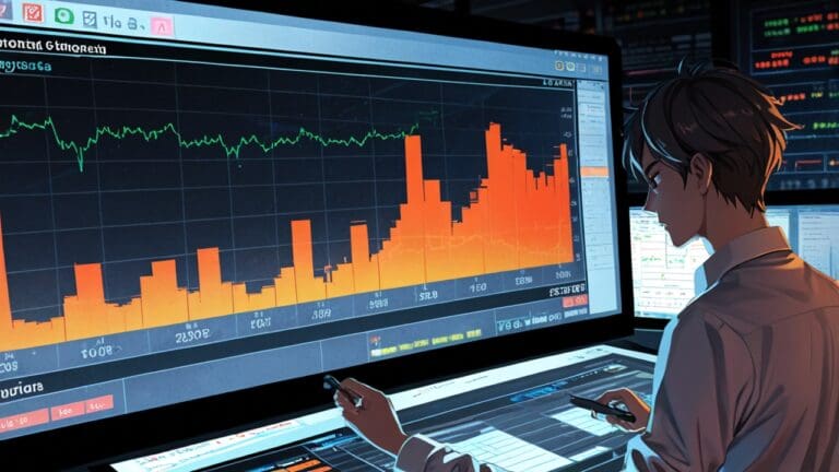 Oficina moderna de tecnología con un enfoque en un monitor mostrando datos y gráficos de inversión.