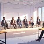 Grupo de emprendedores discutiendo ideas de tecnología para ciudades inteligentes en una sala de conferencias.