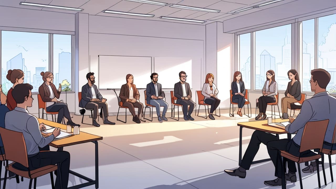 Grupo de emprendedores discutiendo ideas de tecnología para ciudades inteligentes en una sala de conferencias.