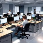 Emprendedores tecnológicos trabajando en una oficina moderna con ordenadores y pizarras.