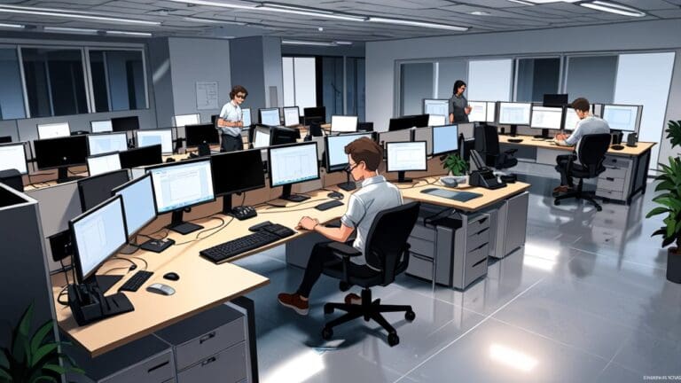 Emprendedores tecnológicos trabajando en una oficina moderna con ordenadores y pizarras.