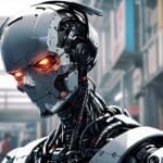 Primer plano de un robot industrial autónomo en un entorno corporativo moderno.