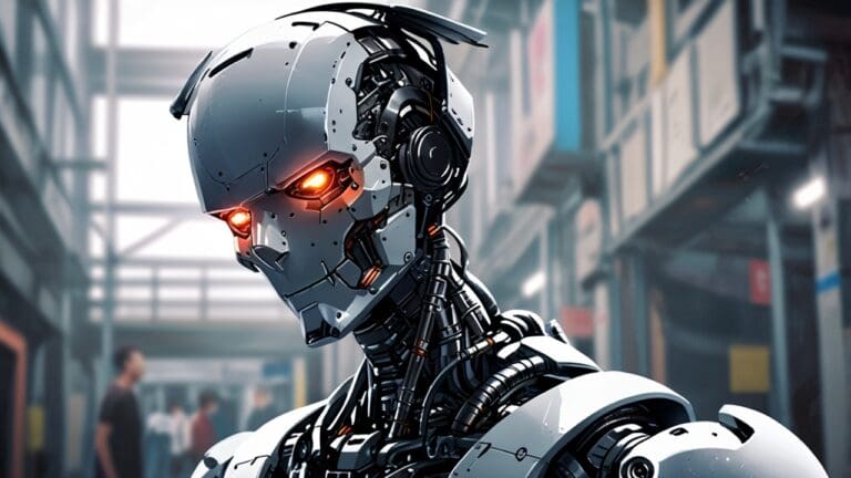 Primer plano de un robot industrial autónomo en un entorno corporativo moderno.