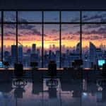 Oficina moderna con equipos tecnológicos y vista panorámica de ciudad al amanecer