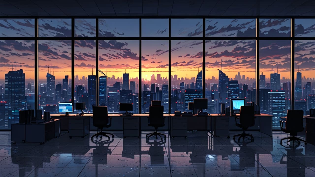 Oficina moderna con equipos tecnológicos y vista panorámica de ciudad al amanecer