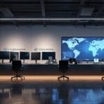 Oficina moderna con equipos tecnológicos y gráficos de crecimiento en pantallas.