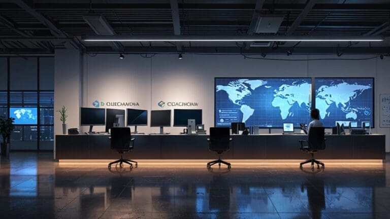 Oficina moderna con equipos tecnológicos y gráficos de crecimiento en pantallas.