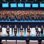 Empresarios en una conferencia tecnológica internacional con estands de exhibición