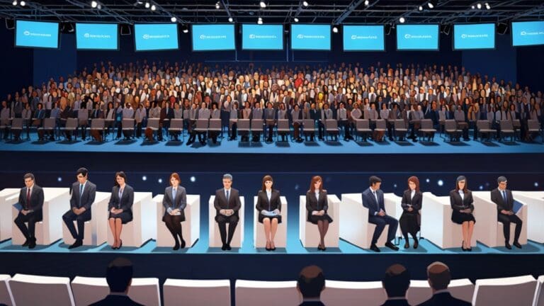 Empresarios en una conferencia tecnológica internacional con estands de exhibición