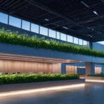 Vista moderna de un centro tecnológico dedicado a innovaciones agropecuarias al amanecer.