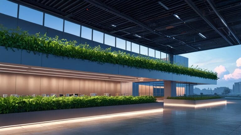 Vista moderna de un centro tecnológico dedicado a innovaciones agropecuarias al amanecer.