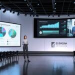 Una moderna sala de conferencias con pantallas digitales y gráficos financieros en exhibición