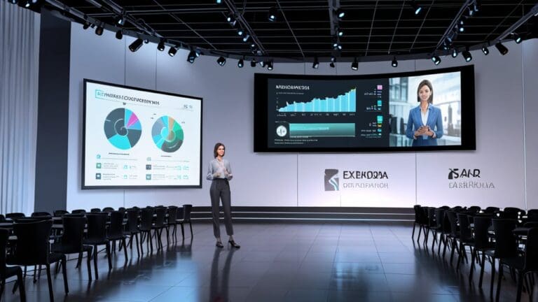 Una moderna sala de conferencias con pantallas digitales y gráficos financieros en exhibición