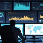 Oficina moderna con computadoras y gráficos de criptomonedas en pantalla