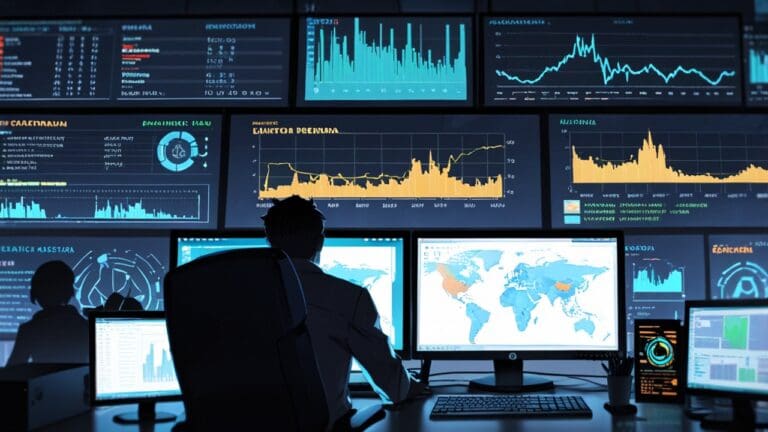 Oficina moderna con computadoras y gráficos de criptomonedas en pantalla