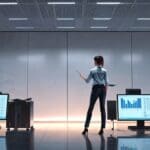 Oficina moderna con estaciones de trabajo tecnológicas y pantallas digitales