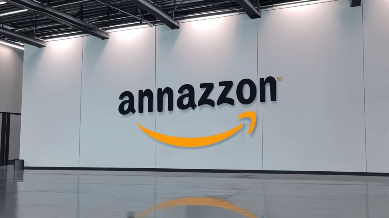 Oficina moderna con logotipo de Amazon en la pared y tecnología de vanguardia en primer plano