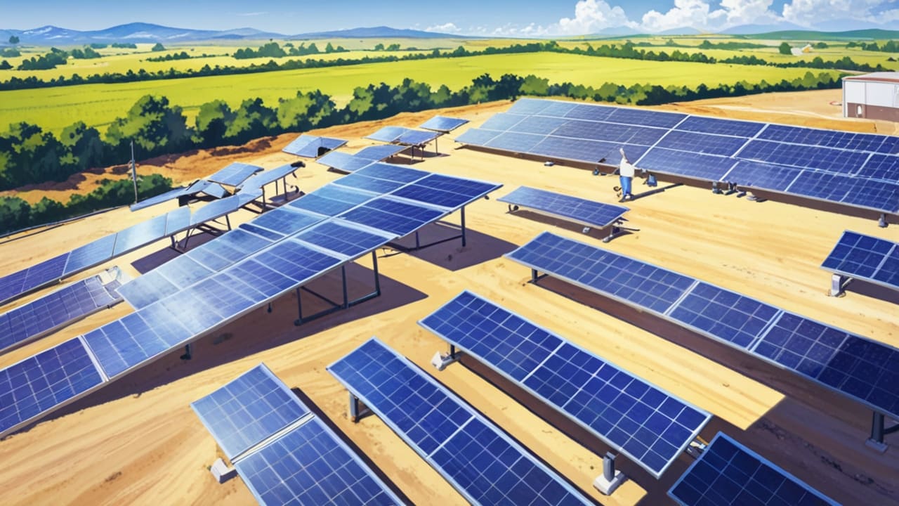 Instalaciones modernas de una startup tecnológica especializada en energía renovable con paneles solares.