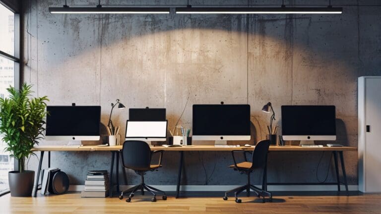 Espacio moderno de trabajo con dispositivos tecnológicos y tableros de ideas