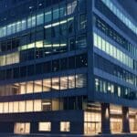 Edificio moderno de oficinas en una ciudad con luces brillantes al anochecer