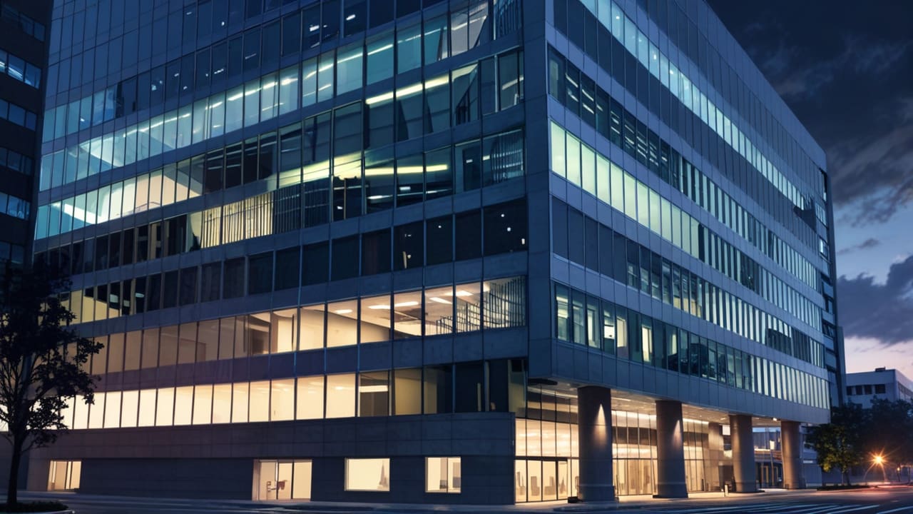 Edificio moderno de oficinas en una ciudad con luces brillantes al anochecer