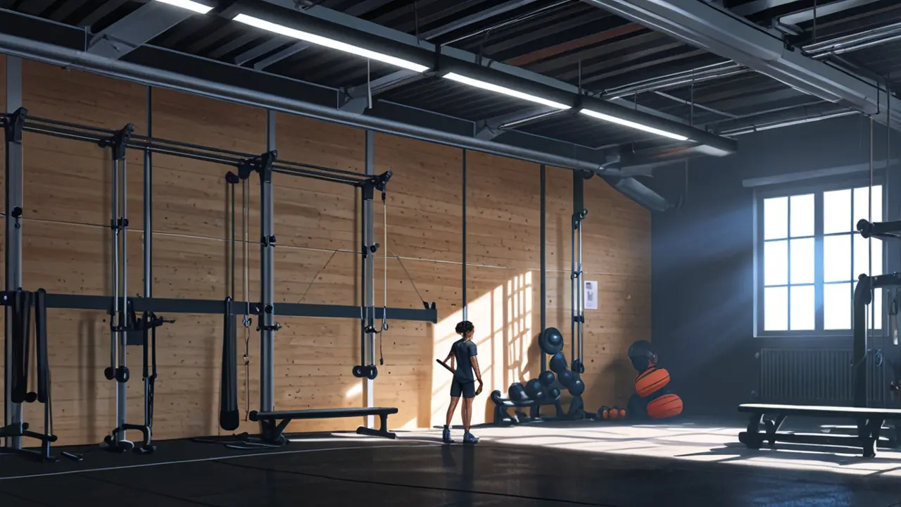 Interior de un gimnasio de escalada con equipos tecnológicos y gráficos de rendimiento en pantallas