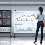 Moderna oficina tecnológica con pantallas mostrando gráficos de análisis de datos.