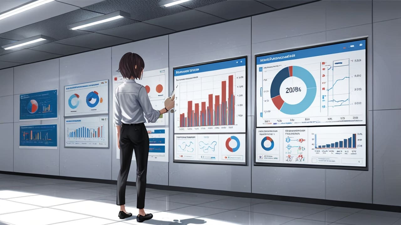 Oficina moderna con pantallas mostrando gráficos y datos tecnológicos.