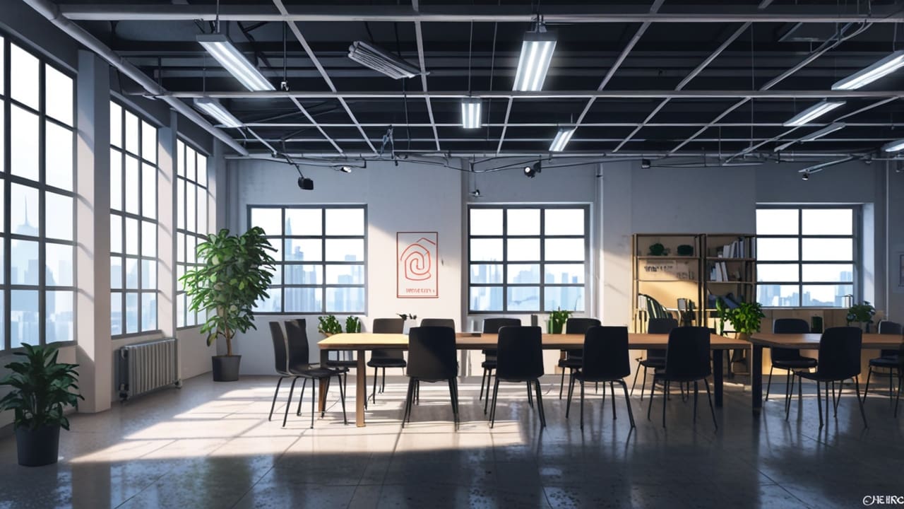 Oficinas modernas de una startup tecnológica con gráficos de sustentabilidad sobre la mesa