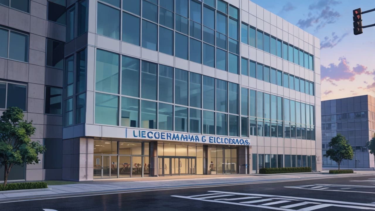 Fachada moderna de oficinas tecnológicas con símbolos digitales de entrega en pantalla gigante