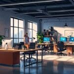 Espacio de trabajo moderno con jóvenes emprendedores y tecnología innovadora, luz natural e instrumentos de oficina avanzada.