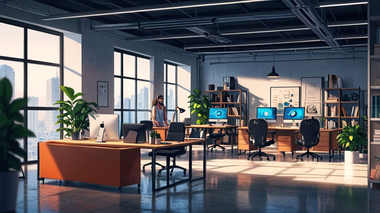 Espacio de trabajo moderno con jóvenes emprendedores y tecnología innovadora, luz natural e instrumentos de oficina avanzada.